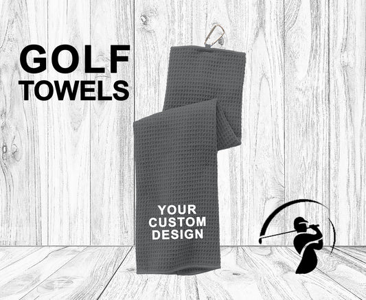 Custom Waffle Texture Golf Towel, Port Authority Embroidered Golfer Tri Fold Towel with Silver Carabiner