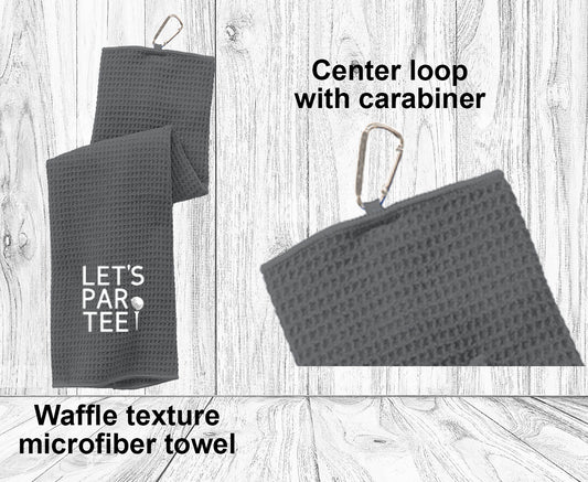 Custom Waffle Texture Golf Towel, Port Authority Embroidered Golfer Tri Fold Towel with Silver Carabiner