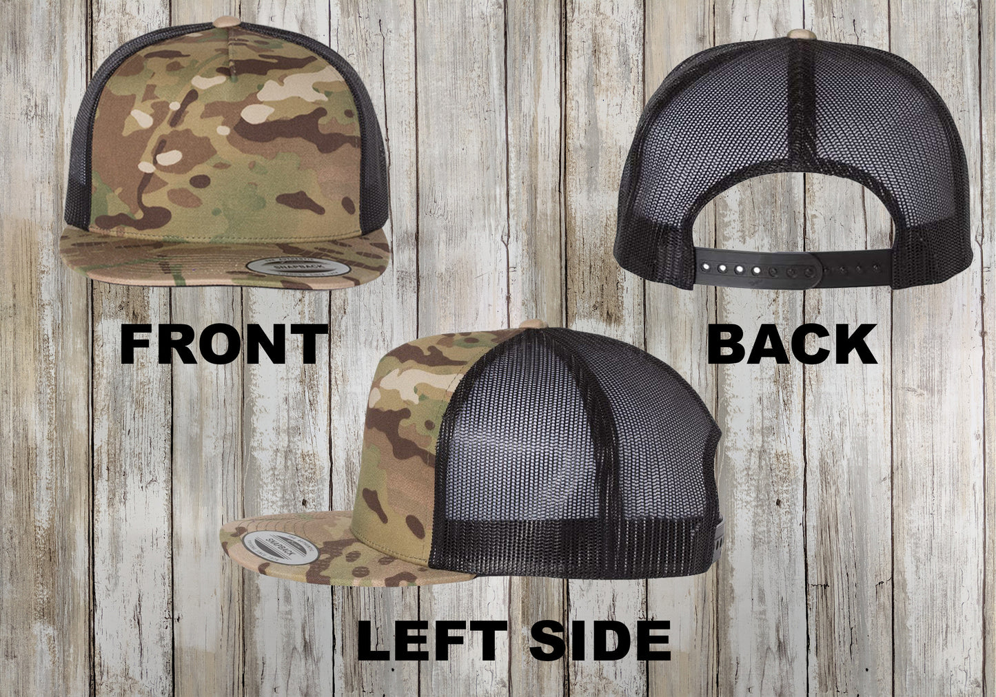 Custom 5 Panel Multicam Trucker Snapback, Yupoong Classics, Embroidered Trucker Hat
