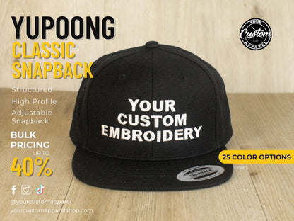 Custom Yupoong Classic Snapback, Green Under Visor, Embroidered Hat