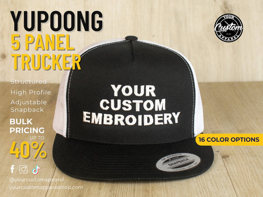 Custom 5 Panel Trucker Snapback, Yupoong Classics, Embroidered Trucker Cap