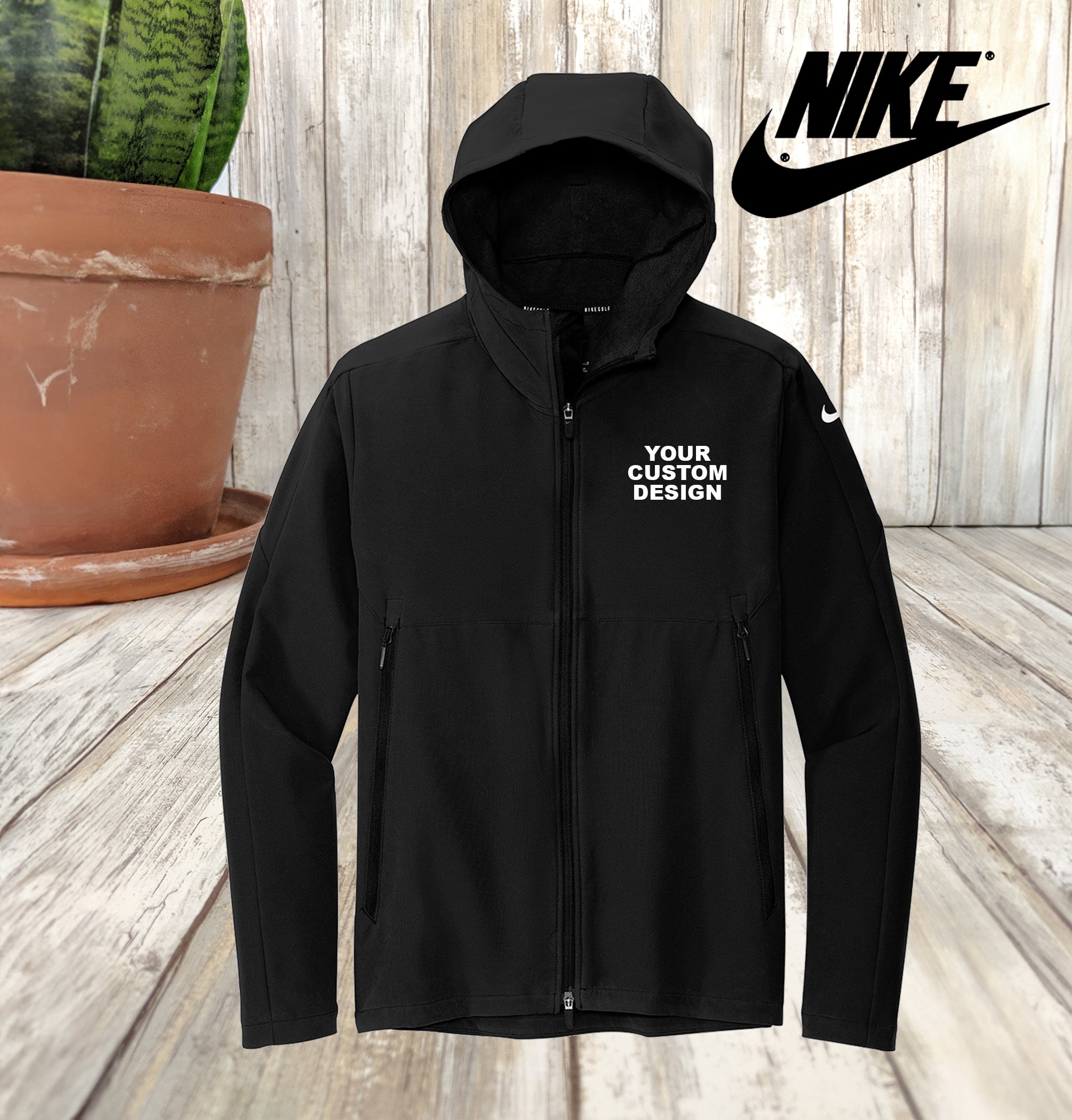 Custom Nike Hooded Soft Shell Jacket Embroidered Full Zip Jacket Black Left Chest Text