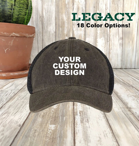 Custom LEGACY Trucker Hat, Old Favorite Trucker, Adult Size, Unstructured Mesh Caps, Embroidered 6 Panel