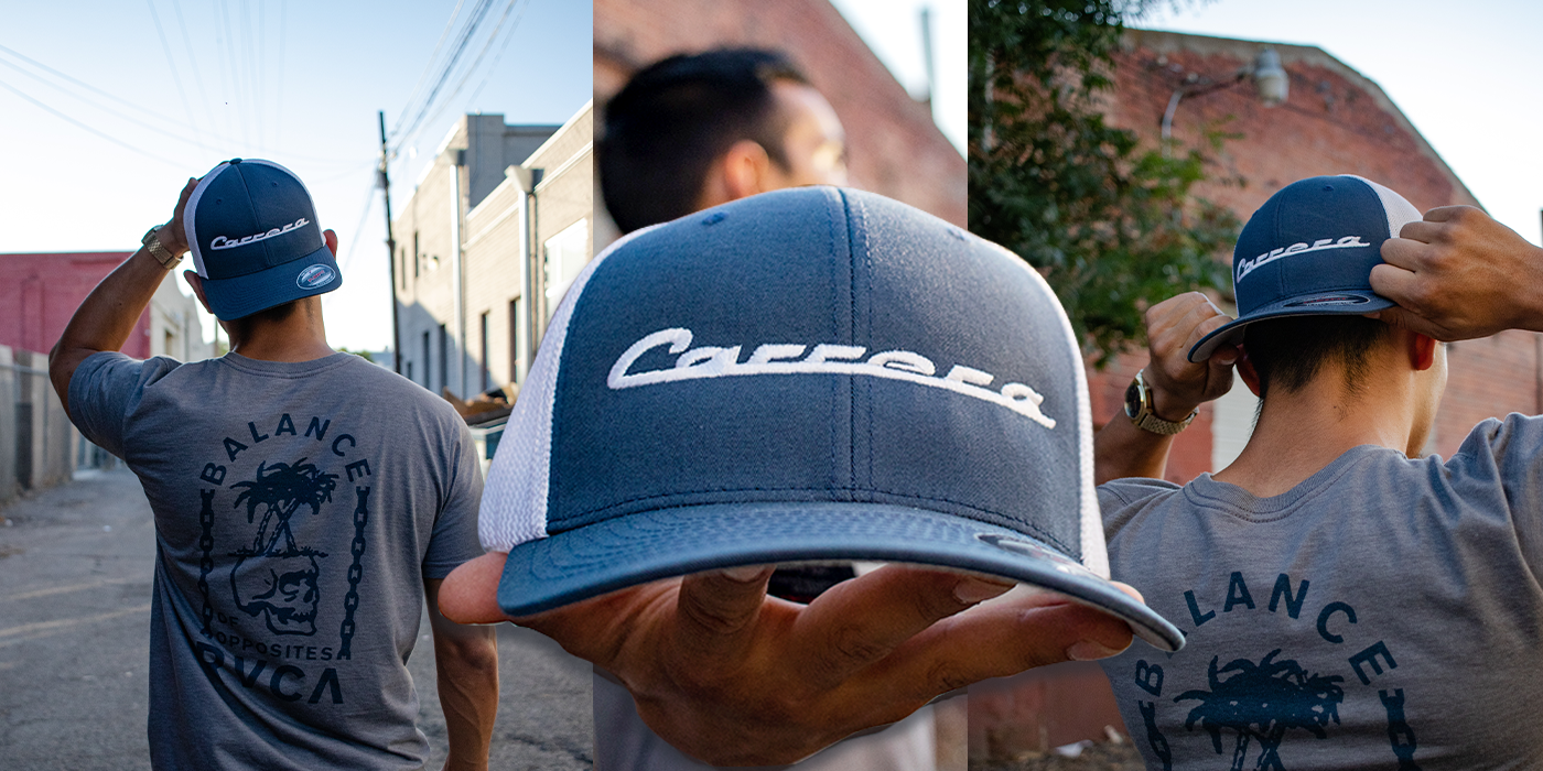 Collage of a person wearing a blue cap with 'Carrera' branding, with a focus on the cap.