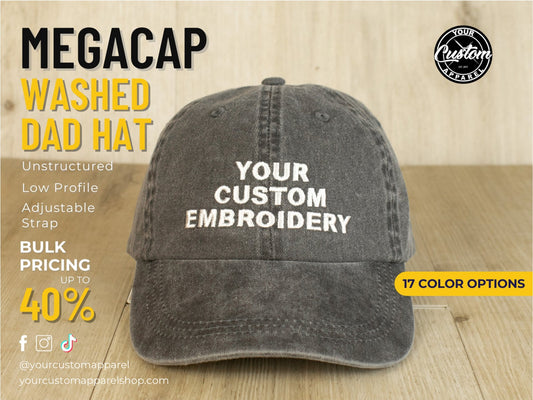 Megacap Washed Dad Hat, Custom Unisex Embroidered Cap, Unstructured Low Profile