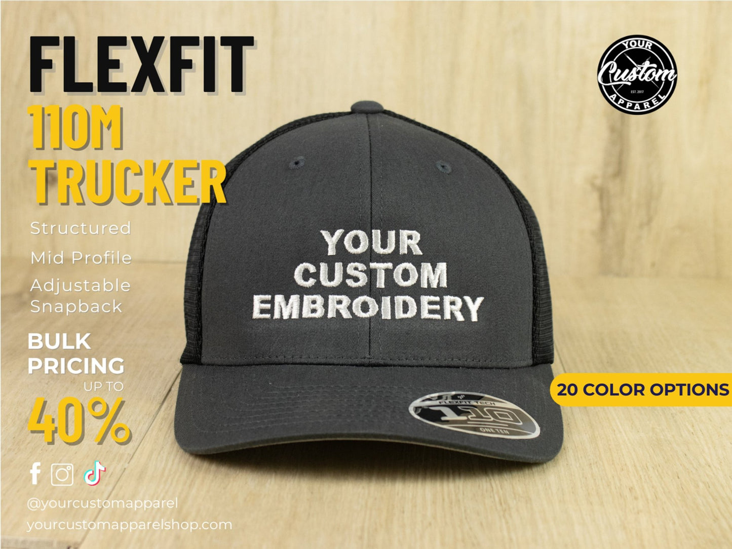 Custom 110M Trucker Snapback, Embroidered Flexfit Trucker Cap