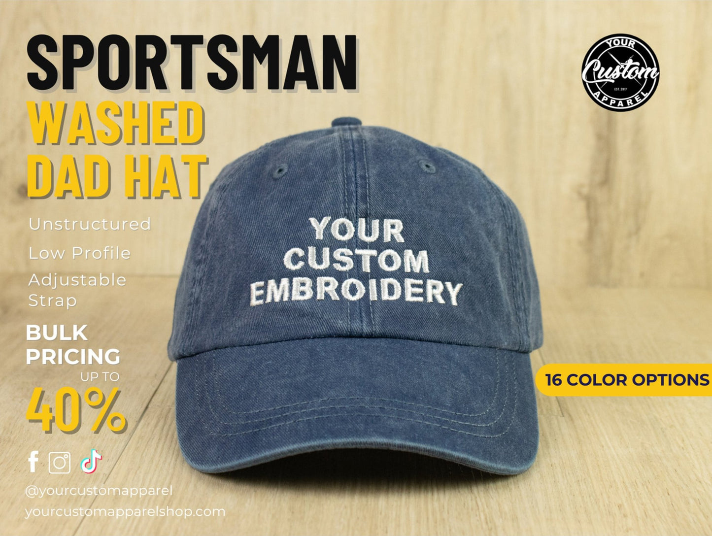 Custom Sportsman Washed Dad Hat, Adjustable Backstrap, Embroidered Dad Hat