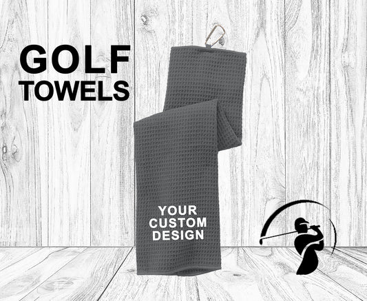 Custom Waffle Texture Golf Towel / Port Authority Embroidered Golfer Tri Fold Towel with Silver Carabiner