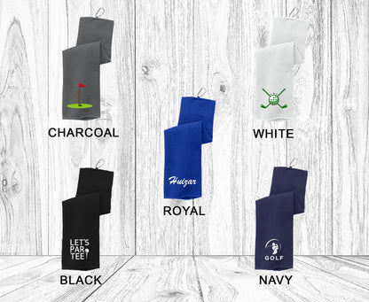 Custom Waffle Texture Golf Towel, Port Authority Embroidered Golfer Tri Fold Towel with Silver Carabiner
