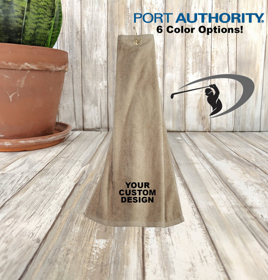 Custom Port Authority® Golf Towel, Embroidered Grommeted Tri Fold Golf Towel