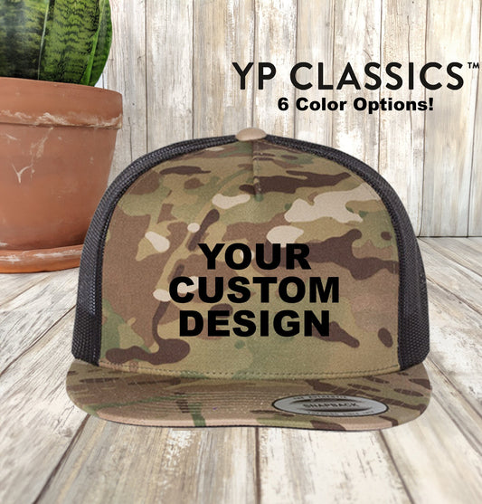 Custom 5 Panel Multicam Trucker Snapback, Yupoong Classics, Embroidered Trucker Hat